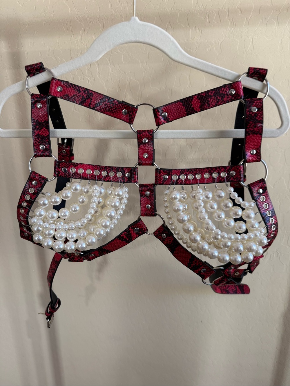 Red Snakeskin Pearl Harness Bra - Women Intimates & Sleepwear